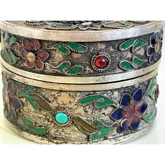 Antique Chinese Trinket Box Enamel Flowers Carved Tigers Eye Flower - Picture 10 of 14